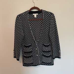 White House Black Market Black/White Sweater Jacket 4 Front Pockets Women's LG